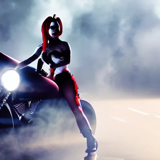 Image similar to Lady Gaga as real-life Harley Quinn riding a motorcycle, cinematic, Low angle, atmospheric fog and lighting, directed by Michael Bay, high detail, 8K, movie still, trending on artstation