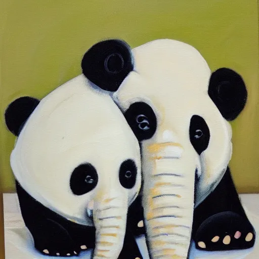 Prompt: a tiny elephant sitting on top of a huge panda, oil on canvas