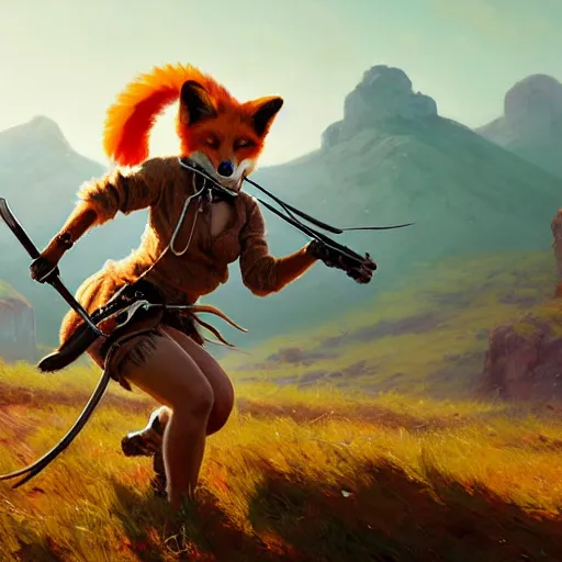 Image similar to splash art of cute feminine anthropomorphic vulpes vulpes fulva bounty huntress in the wild west, rugged clothes, motion blur, firefight, high energy action : by weta, greg rutkowski, wlop, ilya kuvshinov, rossdraws, artgerm, octane render, iridescent, bright morning, anime, liosh, mucha