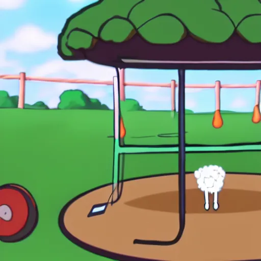 Prompt: animation stills of a sheep bouncing on a trampoline, anime, award winning