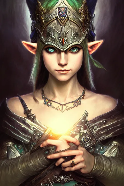 Image similar to dark fantasy, link legend of Zelda twilight Princess portrait, dark surrealist , fantasy, intricate, elegant, highly detailed, digital painting, artstation, concept art, smooth, sharp focus, illustration, art by artgerm and greg rutkowski and alphonse mucha