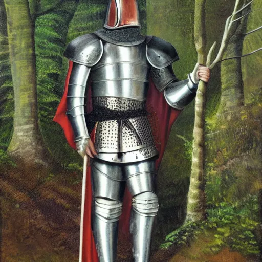 Prompt: oil painting of a medieval knight on a forest trail, fullbody portrait, detailed