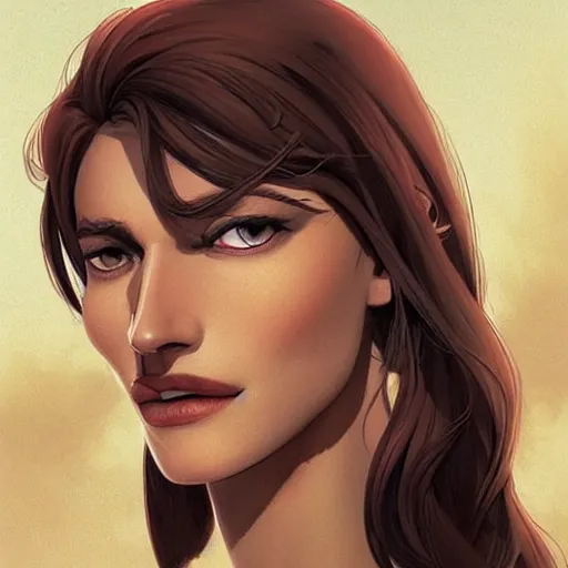 Image similar to a tall, tan skinned woman with sunken, dark brown eyes, defined cheekbones and a large nose. she has lank, brown hair, wears reddish lipstick, and she has a crooked smile. detailed face, smooth, sharp focus, graphic novel, by artgerm and greg rutkowski and pepe larraz