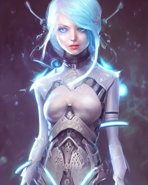 Image similar to holy cyborg necromancer girl, elegant, scifi, futuristic, utopia, garden, illustration, atmosphere, top lighting, blue eyes, white hair, beautiful, artstation, highly detailed, art by yuhong ding and chengwei pan and serafleur and ina wong