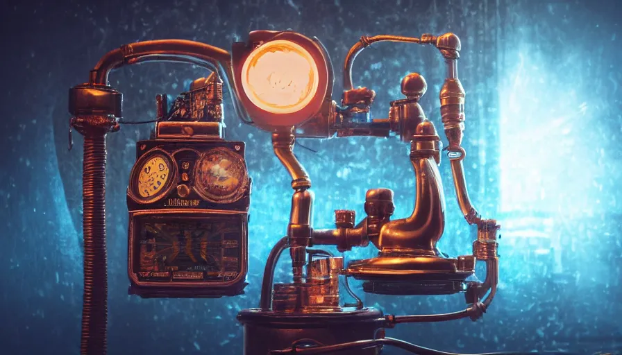 Prompt: A glowing electrical Steampunk phone in a victorian museum, james gurney, cinematic lighting, lots of steam and sparks, wires made of copper, artstation, vibrant nature, Tuomas Korpi, tekkon kinreet, volumetric light, artstation, , octane render, redshift render, low angle camera, rich deep moody colors