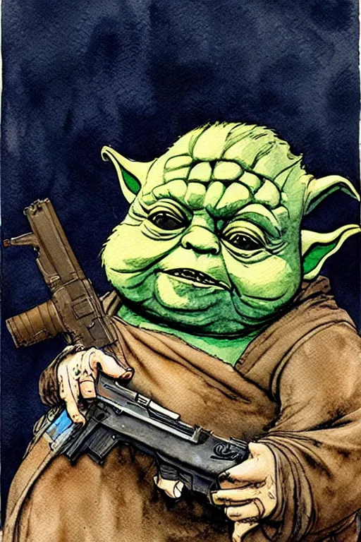 Image similar to a realistic and atmospheric watercolour fantasy character concept art portrait of a fat sleazy homeless chibi yoda wearing a wife beater and holding a handgun, by rebecca guay, michael kaluta, charles vess and jean moebius giraud