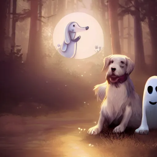 Image similar to a dog and a ghost who are friends, digital art, hearts in the background, unreal engine