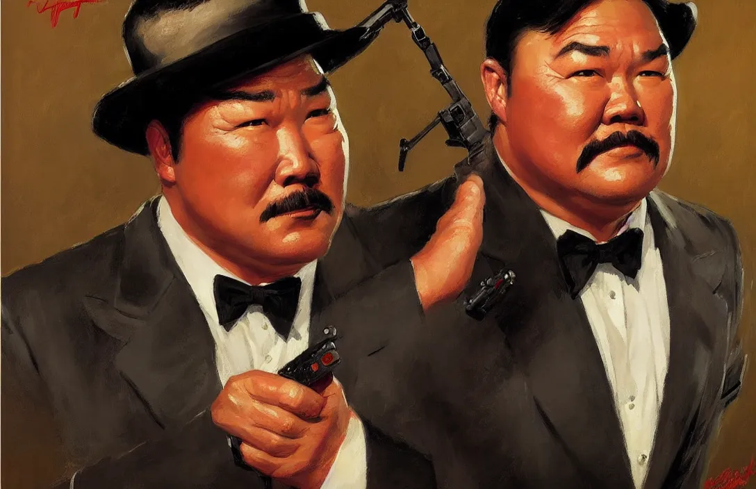 Image similar to portrait of oddjob harold sakata from james bond!!!!!!!!!!!!!!!!!!!!!!!!!!!, detailed face, detailed painting, epic lighting, by ilya repin, phil hale and kent williams