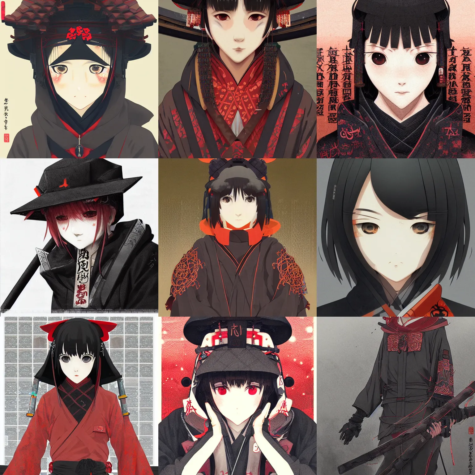 Prompt: techwear kimono occultist, torii gate, inari shrine, miko, beautiful, detailed symmetrical close up portrait, intricate complexity, in the style of kyoto animation key visuals and takato yamamoto, krenz cushart, cel shaded