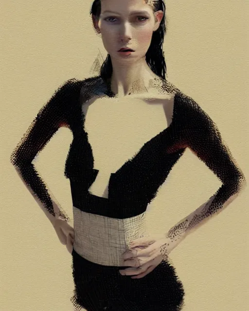 Prompt: olivia wearing an outfit made from casette tapes, half body portrait, 3 d animation, black hair, freckles, pale skin, photo by greg rutkowski, risque fashion, female beauty, intricate detail, elegance, sharp shapes, soft lighting, vibrant colors, masterpiece