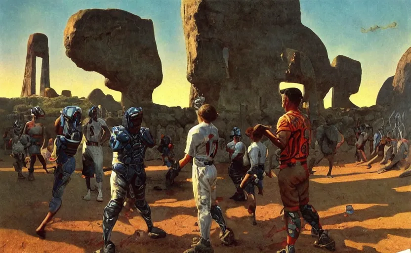 Prompt: an alien baseball game surrounded by ancient monoliths with glowing runes. highly detailed science fiction painting by norman rockwell, frank frazetta, and syd mead. rich colors, high contrast, gloomy atmosphere, dark background. trending on artstation