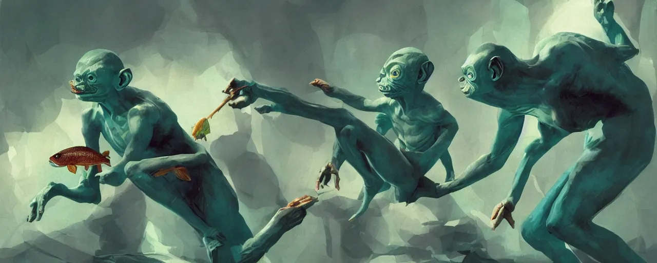 Image similar to duotone green blue illustration 3 / 4 portrait of gollum dancing and holding fish in his mouth. volumetric lighting. dynamic composition accidental renaissance golden ratio. by sachin teng and sergey kolesov and ruan jia and heng z. graffiti art, scifi, fantasy, hyper detailed. octane render. concept art. trending on artstation