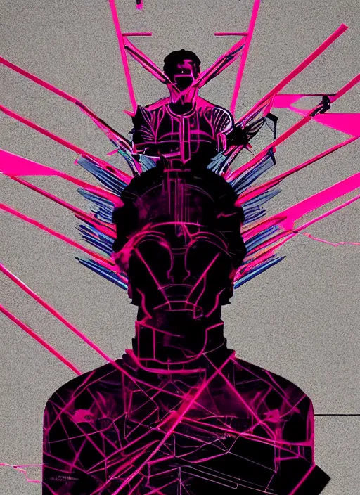 Image similar to dark design poster showing a statue of achilles, black background with very subtle red and purple design elements, powerful, nekro, vito acconci, thin straight lines, dark, glitch art, neo vaporwave, gritty, layout frame, square, extremly detailed, trending on artstation