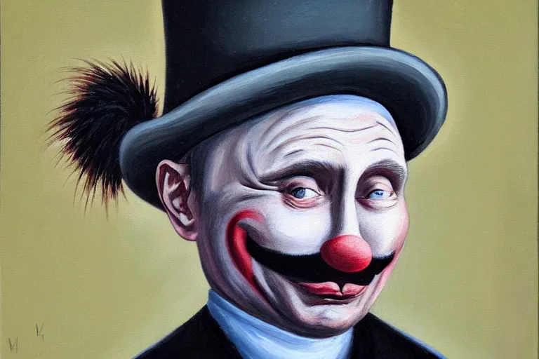 Image similar to putin as a clean-shaven sad hobo clown. head shot portrait. oil painting by emmett kelly.