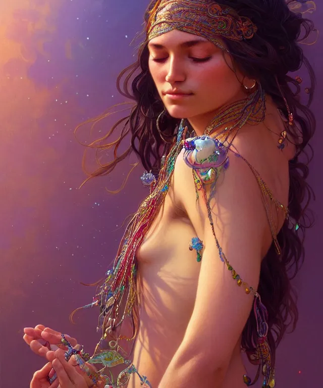 Prompt: a meditating new age hippie with beads and crystals, portrait, intricate, elegant, highly detailed, digital painting, artstation, concept art, smooth, sharp focus, illustration, art by artgerm and greg rutkowski and alphonse mucha