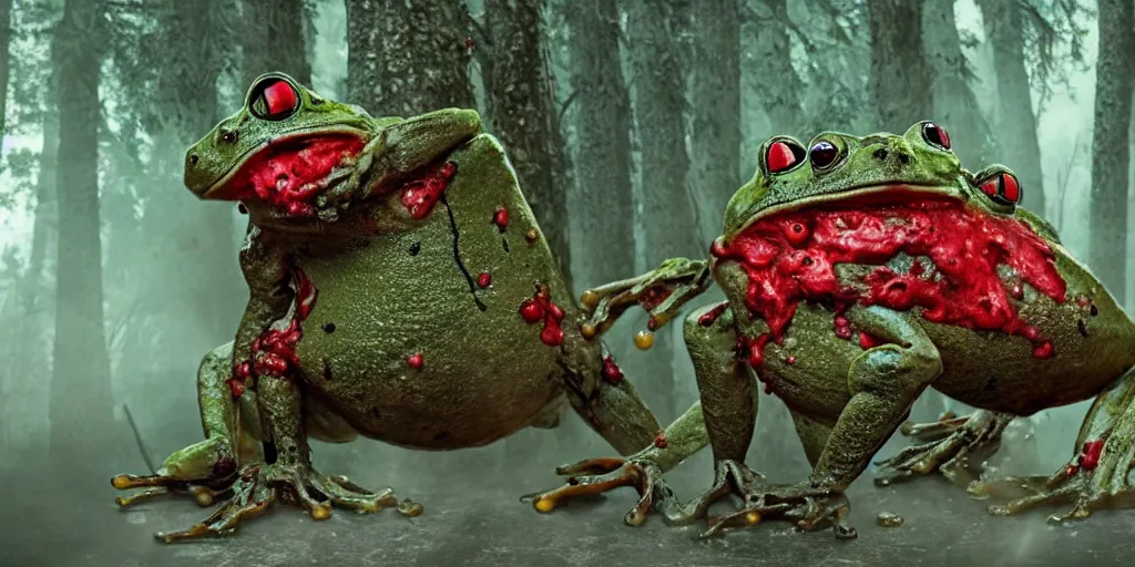 Prompt: horrifying huge robot - frog with blood dripping from it's mouth coming at you in old birch forest, movie scene, movie lighting, detailed, realistic