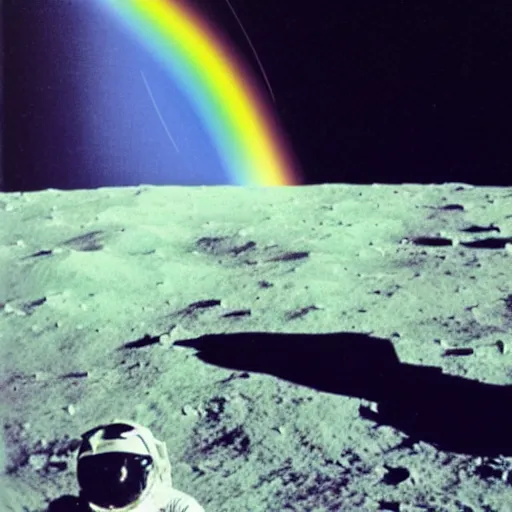 Image similar to polaroid of an astronaut sitting on the moon and watching rainbow nuclear explosion on the earth