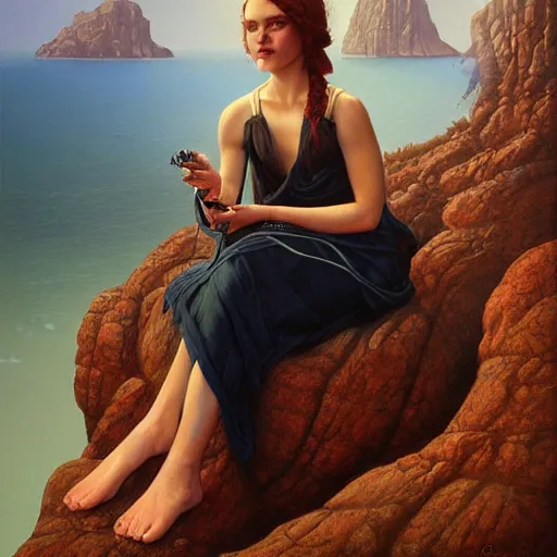 Prompt: a painting of a woman sitting on a cliff, a character portrait by clyde caldwell and tom bagshaw, cg society, fantastic realism, official art, 1 9 9 0 s, academic art