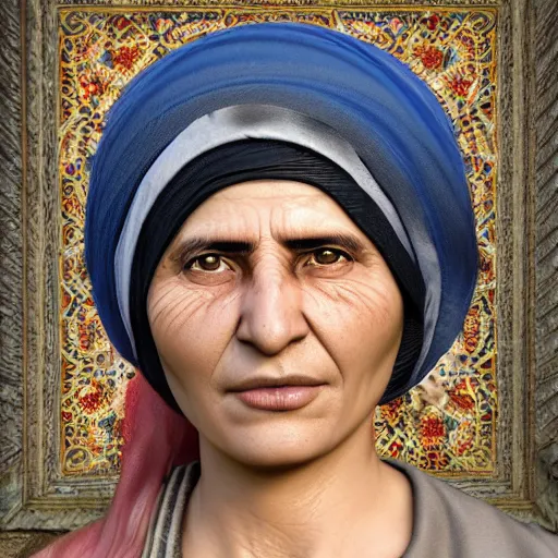 Image similar to hyperrealistic mixed media high resolution image of a beautiful Kurdish grandmother, stunning 3d render inspired art by István Sándorfi and Greg Rutkowski and Unreal Engine, perfect symmetry, dim volumetric lighting, 8k octane beautifully detailed render, post-processing, extremely hyper-detailed, intricate, epic composition, highly detailed attributes, highly detailed atmosphere, full body shot, cinematic lighting, masterpiece, trending on artstation, very very detailed, masterpiece, stunning, flawless structure, lifelike texture, perfection,