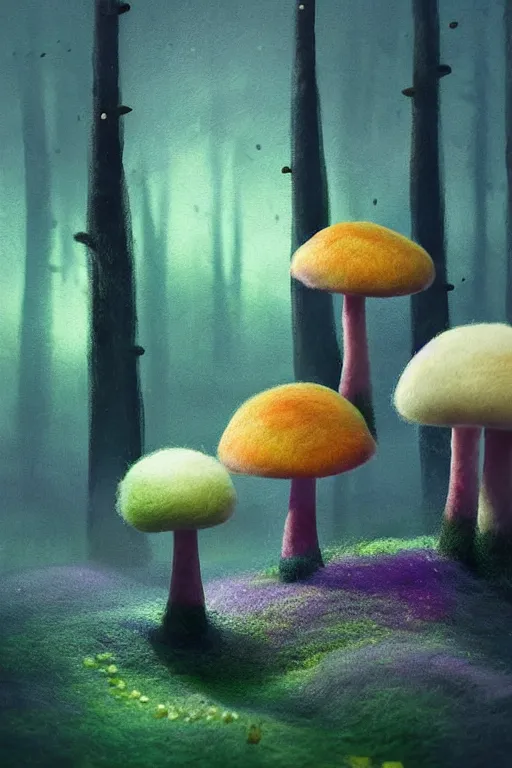 Image similar to a matte digital painting of a mushroom forest at night, tiny bokeh, bright colours, watercolor, volumetric wool felting, macro photography, children illustration, by goro fujita