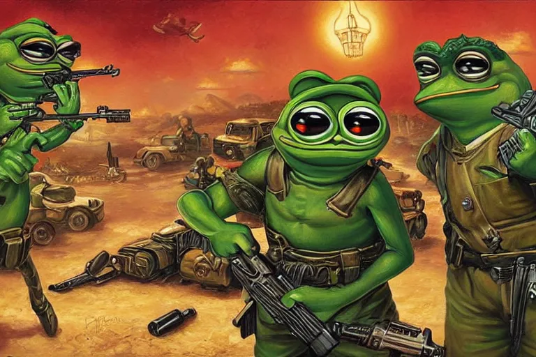 Image similar to portrait of pepe the frog and josef stalin with guns fighting a drug cartel, an oil painting by ross tran and thomas kincade