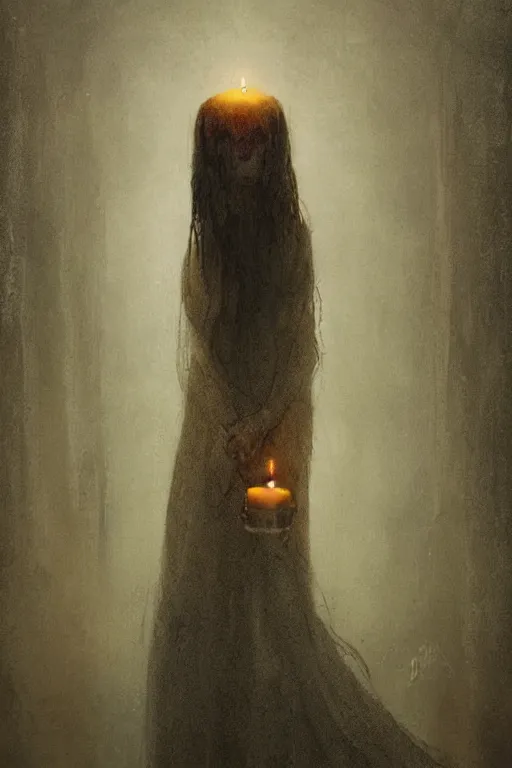 Image similar to Spirit holding a candle in the middle of the room, horror, illustrated by Greg Rutkowski and Caspar David Friedrich., Trending on artstation, artstationHD, artstationHQ, 4k, 8k