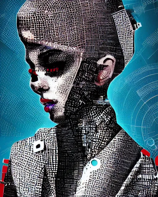 Image similar to cypherpunk fashion illustration, camera face, city street background with high tall buildings, abstract portrait highly detailed, finely detailed