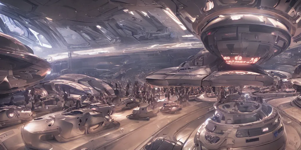 Image similar to cinematic movie scene, 200mm wide shot, precise architectural rendering, beautiful Product shot film still of a futuristic detailed pig themed battle-armored space ship with bright headlights in a busy futuristic spaceport filled with people, motion, hard surface modeling, volumetric soft lighting, style of Stanley Kubrick cinematography, 8k H 768