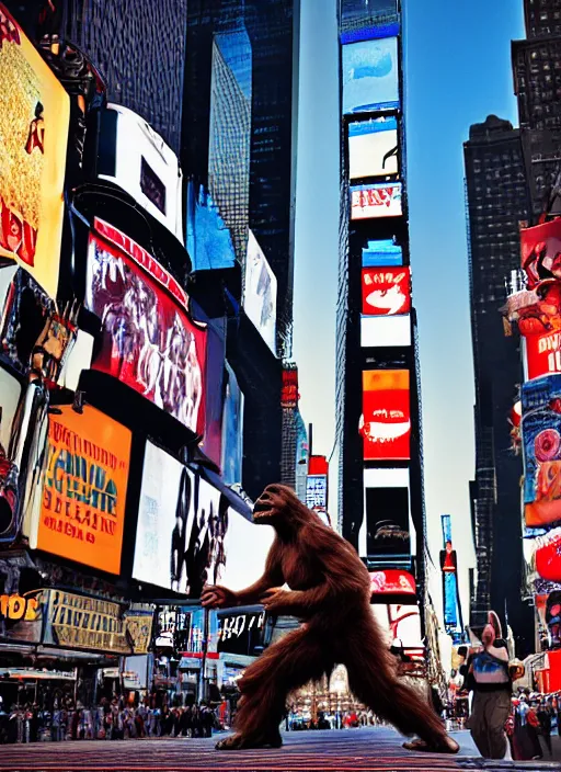 Image similar to photorealistic photograph of bigfoot in times square, 3 5 mm film, fuji, leica s, bigfoot, nyc, in the style of fashion photography, intricate, golden hour sunlight, kodachrome