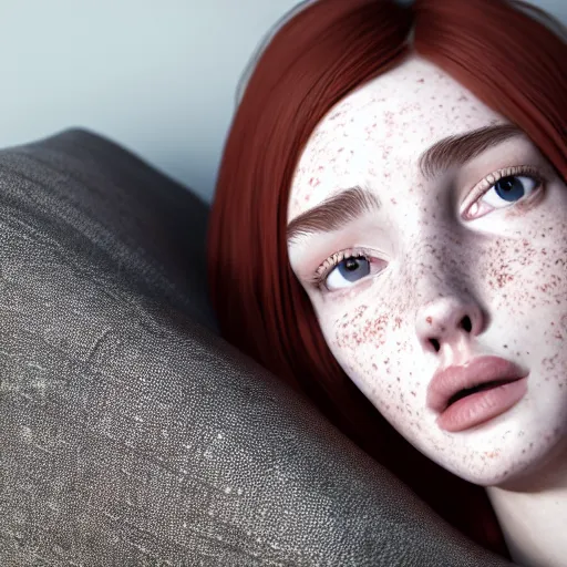 Image similar to portrait of a cute thin young woman, red blush, cute freckles wearing casual clothes, small smile, relaxing on a couch, cozy under a blanket, cozy living room, close up shot, 8 k, octane render, trending on artstation, art by diego fazio and irakli nadar and ron mueck,, hyperrealism, hyperdetailed, ultra realistic