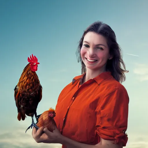 Image similar to A realistic image of a very sas woman holding a rooster in her hands, ultra high detail, 8k.