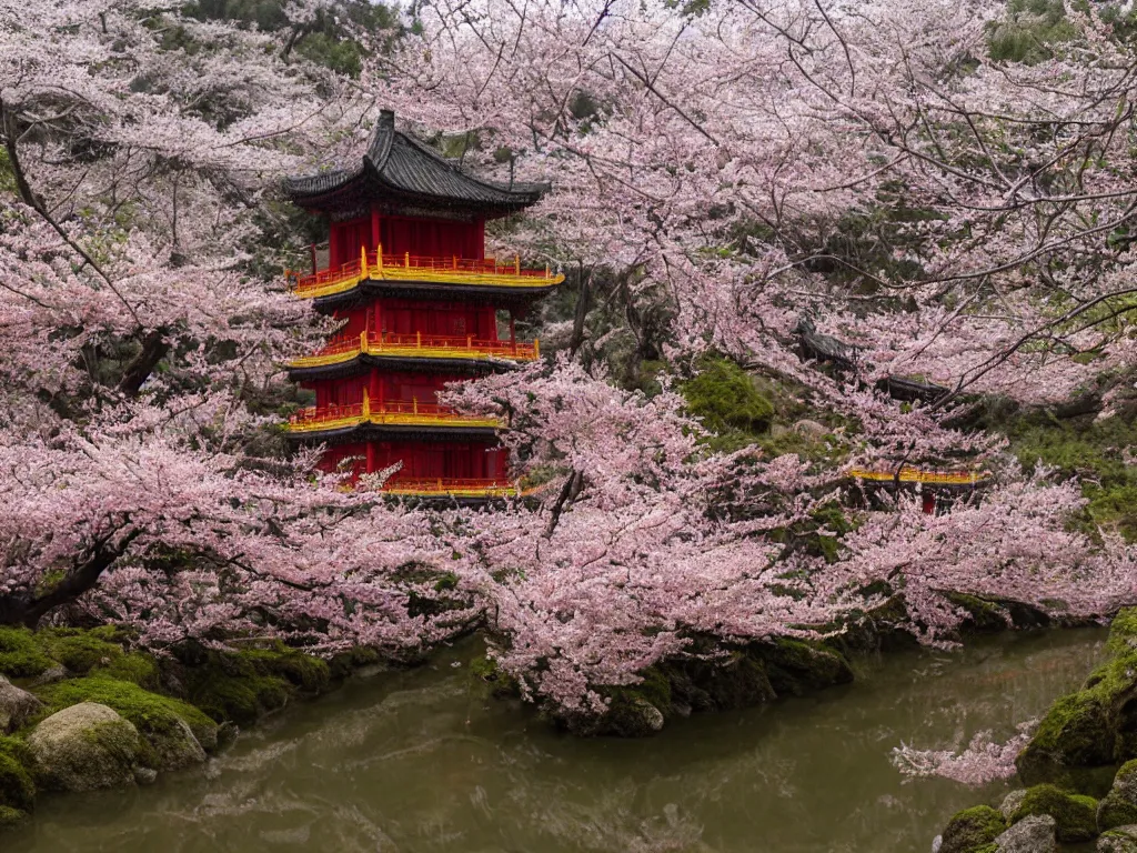 Image similar to a mysterious chinese temple in the deep forest, surrounded by many peach blossoms, a clear stream flowing through, 8 k