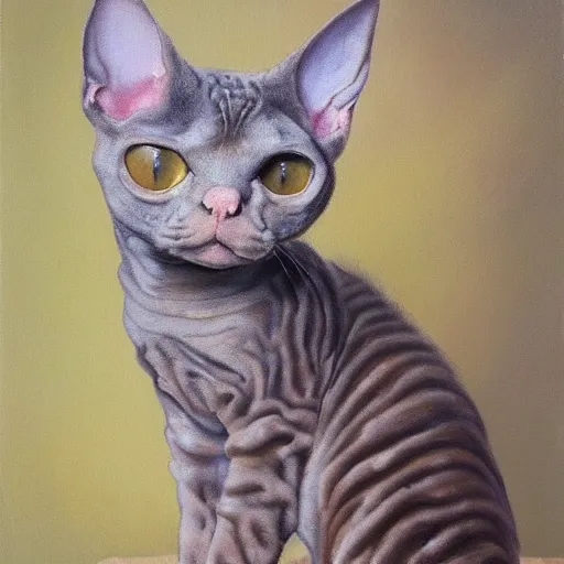 Prompt: painting of a devon rex, cornish rex cat glowing in the moonlight looking curious