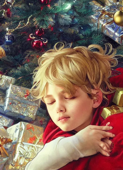 Prompt: four year old boy with short blonde hair, asleep at christmas. surrounded by gifts. high quality detailed face. beautiful painting by artgerm and greg rutkowski and alphonse mucha