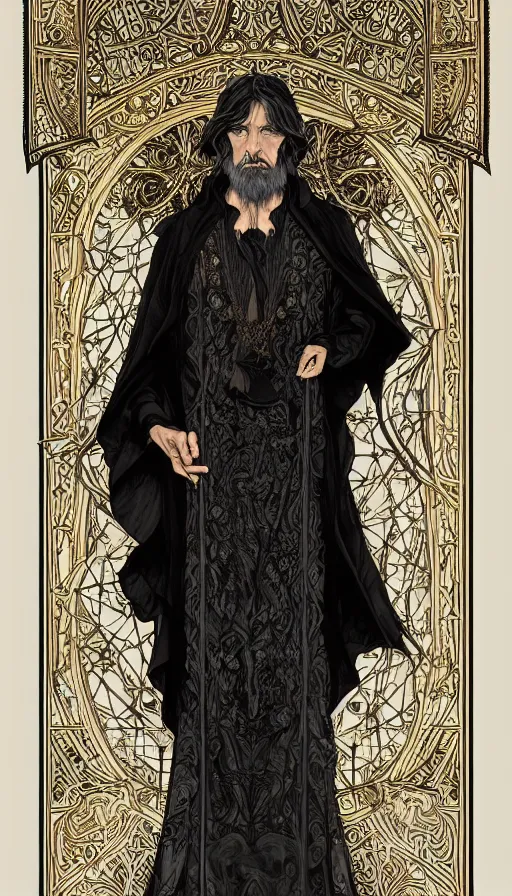 Image similar to one old man wore a black cloak, a black cloak and a white beard, highly detailed, very intricate, art nouveau, gold filigree, left right symmetry, tarot concept art watercolor illustration by mandy jurgens and alphonse mucha and alena aenami, featured on artstation