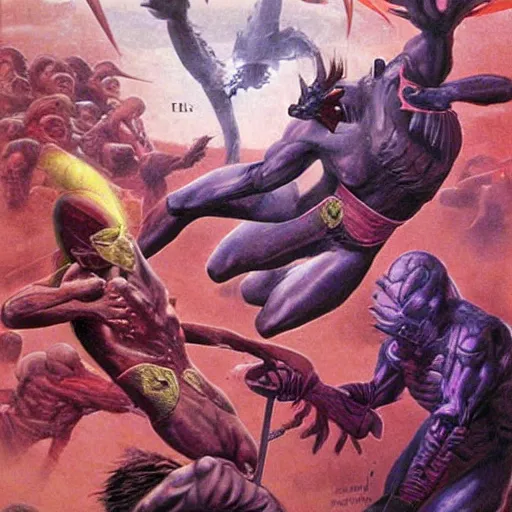 Prompt: Stable Diffusion beats Dalle 2 in a Mortal Kombat tournament cover art by Wayne Barlowe