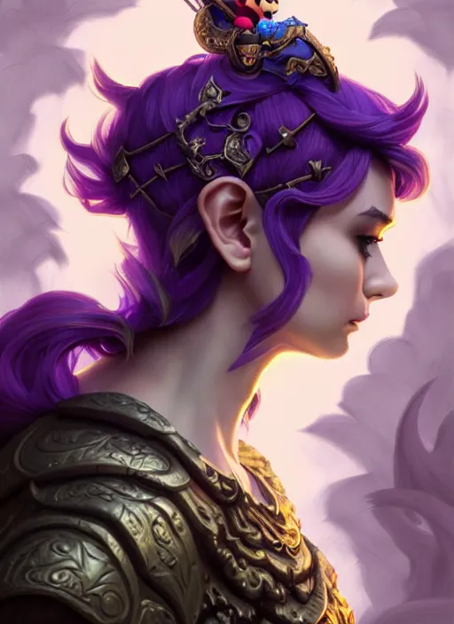 Prompt: side portrait Super Mario as dark witch, adventurer outfit large cloak, fantasy forest landscape, dragon scales, fantasy magic, undercut hairstyle, short purple black fade hair, dark light night, intricate, elegant, sharp focus, illustration, highly detailed, digital painting, concept art, matte, art by WLOP and Artgerm and Greg Rutkowski and Alphonse Mucha, masterpiece