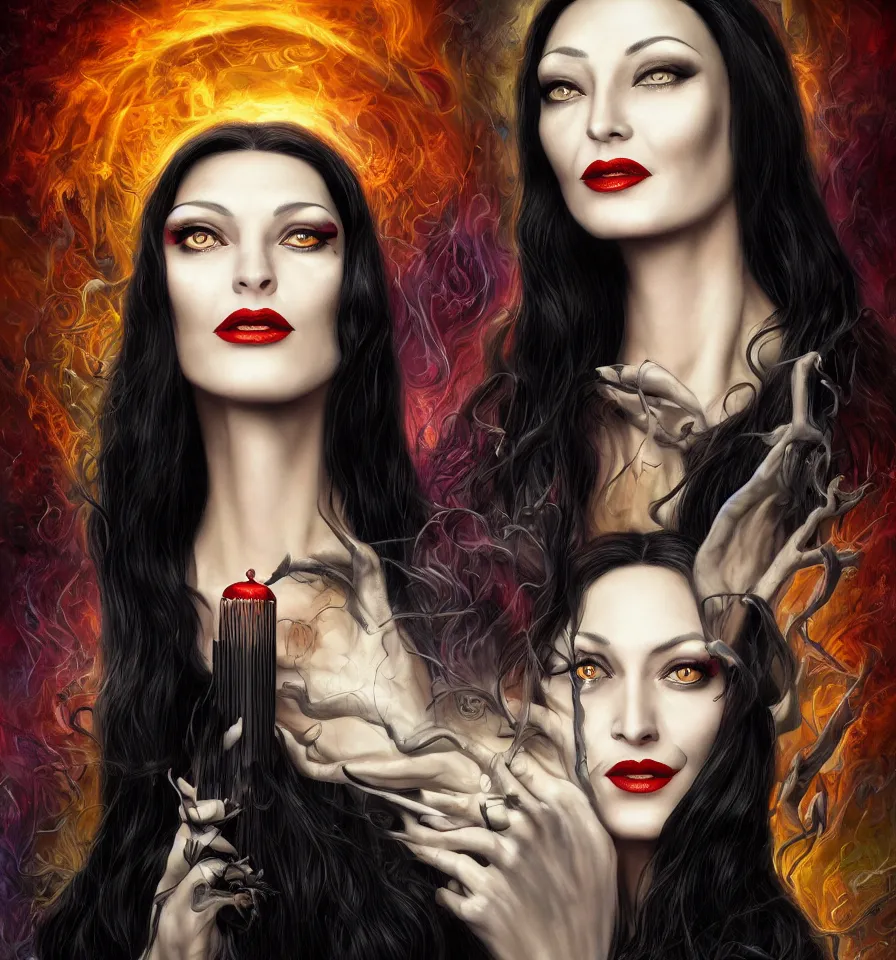 Image similar to a frontal face portrait of Morticia Addams + 25mm f/1.7 ASPH Lens + backlit + incredible lighting+ strong rim light + highly detailed + god rays + digital painting + HDRI, by Alvaro Castagnet, Peter Mohrbacher and Dan Mumford, vivid colors, high contrast, 8k resolution, intricate, photorealistic, smooth