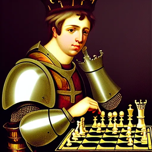 Prompt: neoclassical portrait of medieval knight playing chess, mowhawk, highly intricate steampunk, chess knight