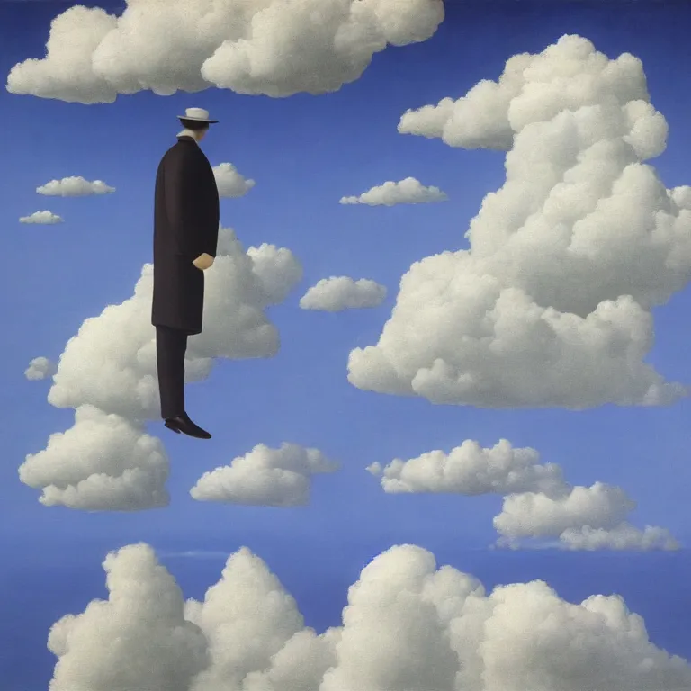 Image similar to cloud - man, by rene magritte, centered, detailed painting, hd, hq, high resolution, high detail, 4 k, 8 k