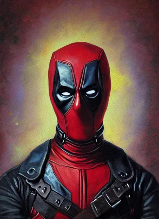 Image similar to oil painting of victorian deadpool created by james jean, vincent van gogh, michaelangelo, fantasy, portrait, highly detailed, large brush strokes