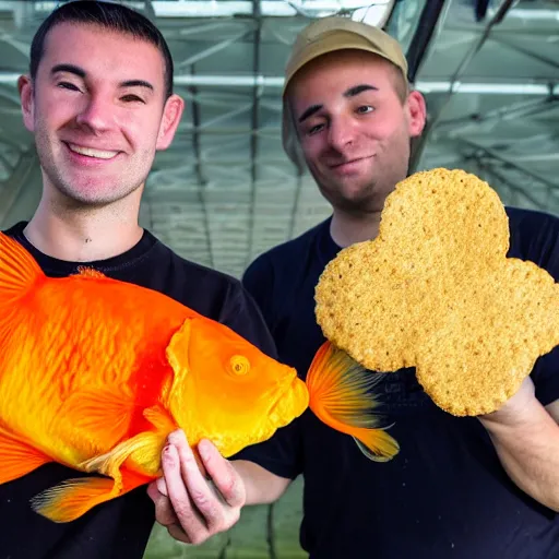 Image similar to gigantic goldfish cracker next to a man that is three times smaller than the cracker, 8 k, 4 k, professional photography, award winning photograph