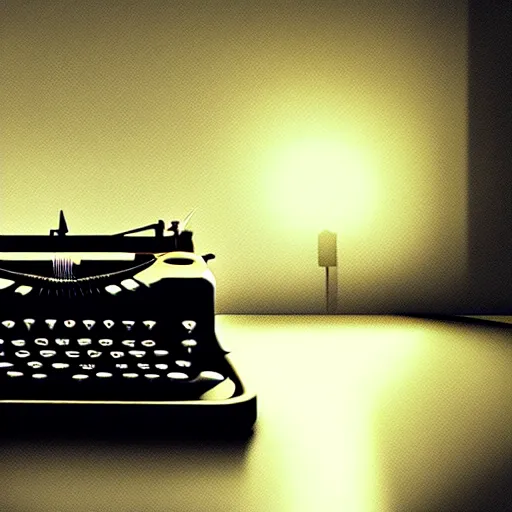 Image similar to painting of a typewriter on a desk in a dimly lit room, volumetric lighting, style of greg rutkowski