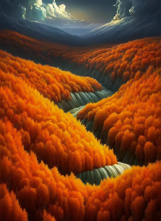 Image similar to a hyper - detailed 3 d render like a oil painting of autumn in the low - poly hills, surrealism!!!! surreal concept art, lifelike, photorealistic, digital painting, aesthetic, smooth, sharp focus, artstation hd, by greg rutkowski, chris tulloch mccabe, valentina remenar, krenz cushart and asher duran,