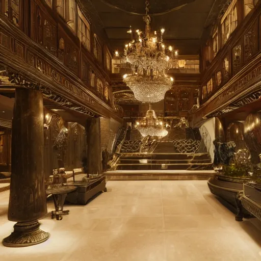 Image similar to upscale mysterious private auction, unnameable relics on display, moody lighting, extravagant details, lobby in the distance, elite