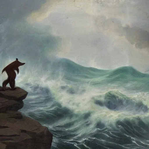 Prompt: anthro fox man in suit about to fall off cliff into scary stormy ocean, far shot, 19th century painting