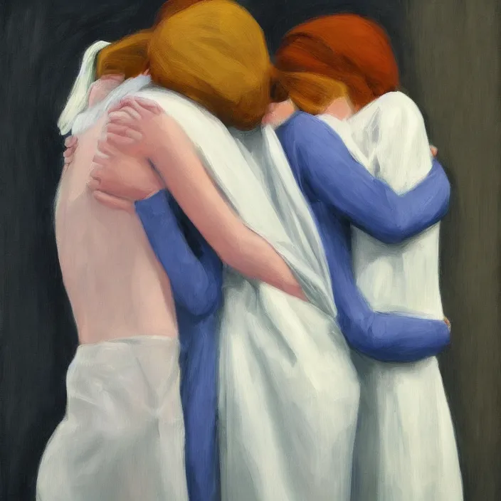 Prompt: two women hugging with a paper bag over the head dressed in plastic bags highly detailed artstation art by edward hopper zdislav beks