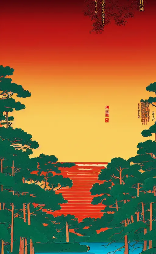 Prompt: hanafuda, huge japanese gru standing at a lake in the middle of japanese pines, a big red sun in the background, front game card, vector line art, trending on artstation, concept art, stunning, matte