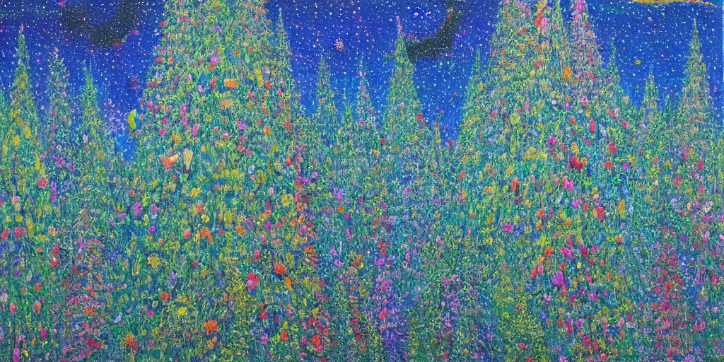 Image similar to 🌲🌌, pointalism, acrylic on canvas, expressionism movement, breathtaking detailed, by blake neubert