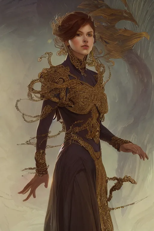 Prompt: full body portrait of a female mage, D&D, fantasy, intricate, elegant, highly detailed, digital painting, artstation, concept art, smooth, sharp focus, illustration, art by artgerm and greg rutkowski and alphonse mucha